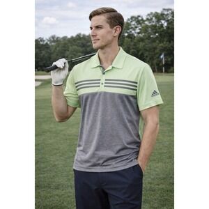 Adidas Golf Polo Shirt Mens S Gray Green Performance 3 Stripe Athletic